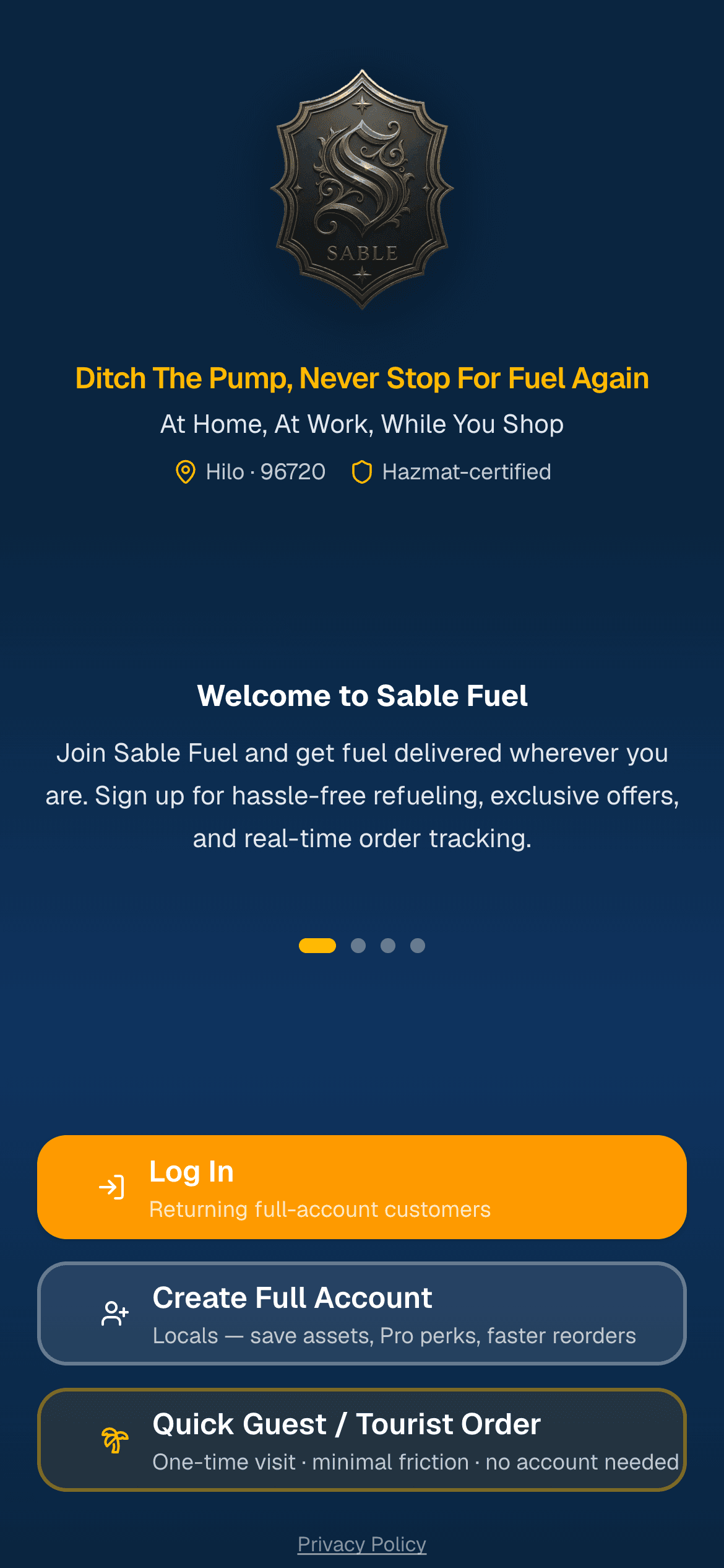 Sable Fuel app login screen